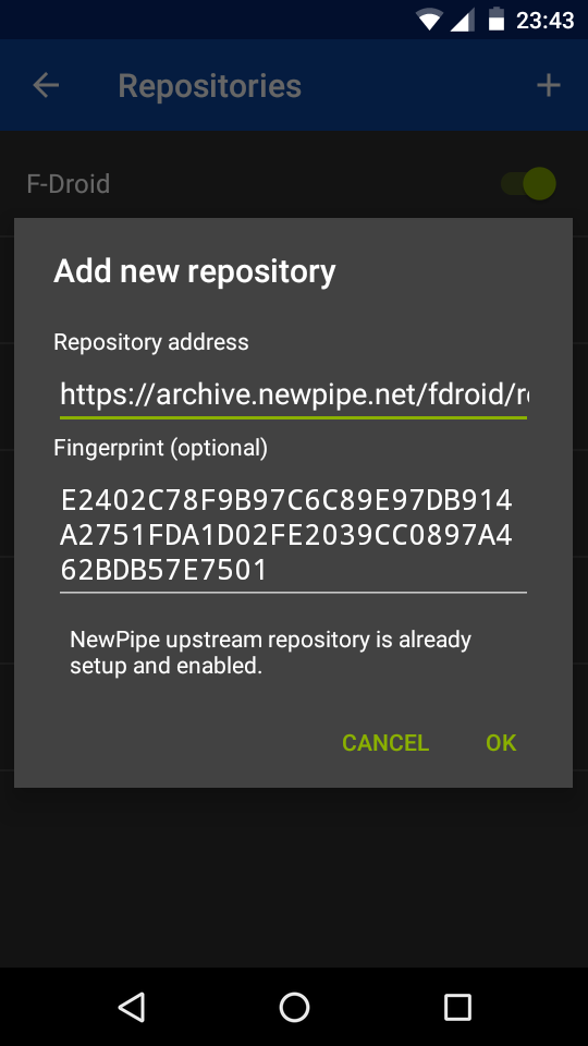 F-Droid 'Add new repository' pop-up