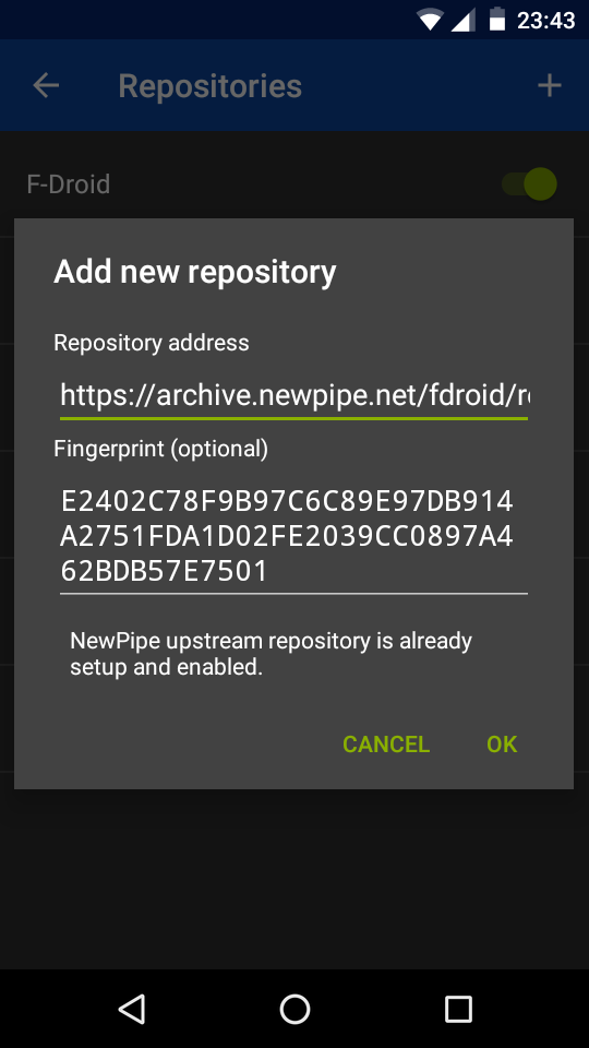 Add the NewPipe repository to FDroid